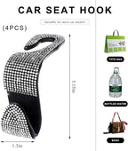 4 PCS Car Seat Headrest Hooks, Bling Crystal Rhinestone Back Seat Hanger Storage Organizer, Sparkly Seatback Holder Hooks for Purse and Bags Universal For Most Vehicles (Silver)