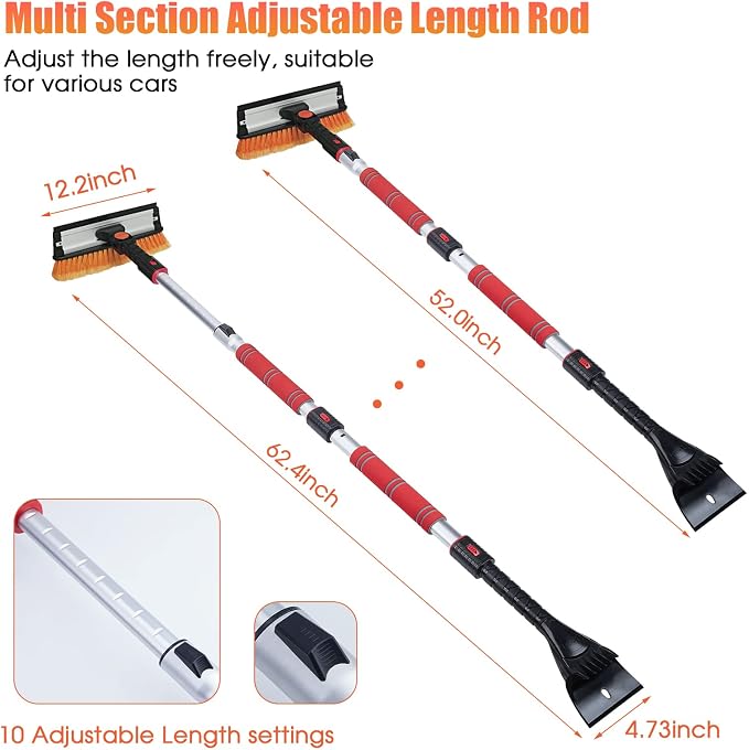 62.4" Extendable Ice Scraper Snow Brush with Squeegee for Windshield Window Car Trucks SUVs, 270° Pivoting Brush Head, Essential Winter Tool Ice Snow Remover with Comfortable Foam Grip