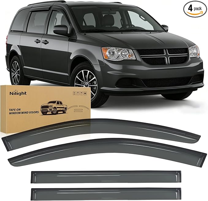 Window Visors for Dodge Grand Caravan 2008-2020, Chrysler Town & Country 2008-2016, VW Routan 2009-2012, Tape-On Rain Guards Outside Mount Vent Visors Window Deflectors Smoke Tint, 4PCS