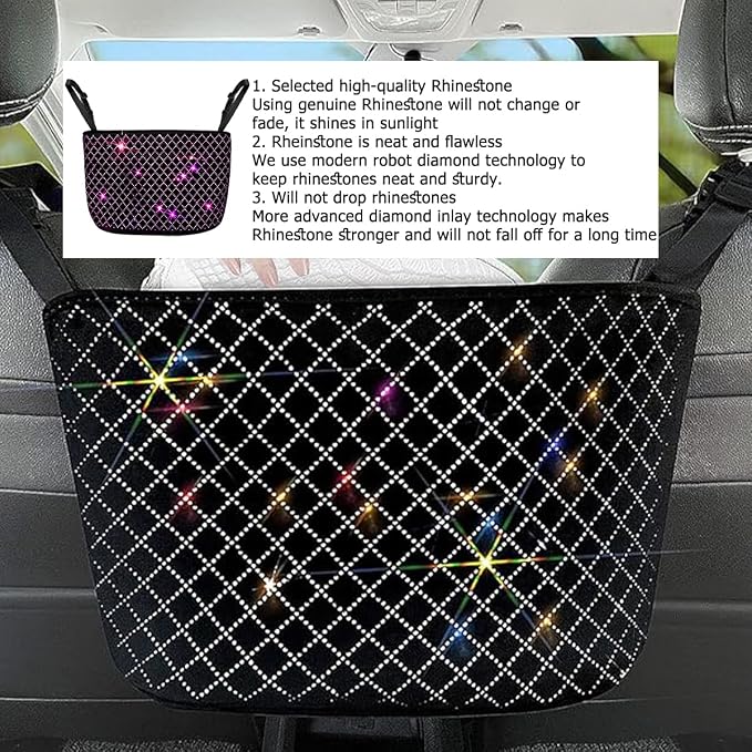Bling Car Net Pocket Handbag Holder, Rhinestone Vehicle Backseat Purse Organizer Between Seats, Diamond Hanging Storage Bag Barrier of Pet Kids, Universal Automotive Accessories (Pink)