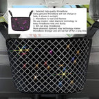 Bling Car Net Pocket Handbag Holder, Rhinestone Vehicle Backseat Purse Organizer Between Seats, Diamond Hanging Storage Bag Barrier of Pet Kids, Universal Automotive Accessories (Pink)