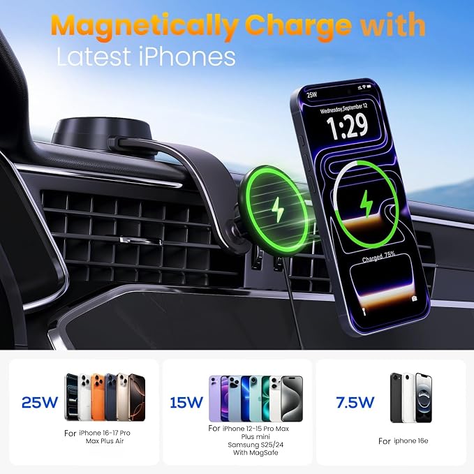 Upgrade [for Qi2.2-Certified]25W for MagSafe Wireless Car Charger Mount,2XFast Charging[90+LBS Safe Suction] Magnetic Phone Holder Dashboard Windshield for iPhone 17/16/15/14/13 Pro Max, Space Black