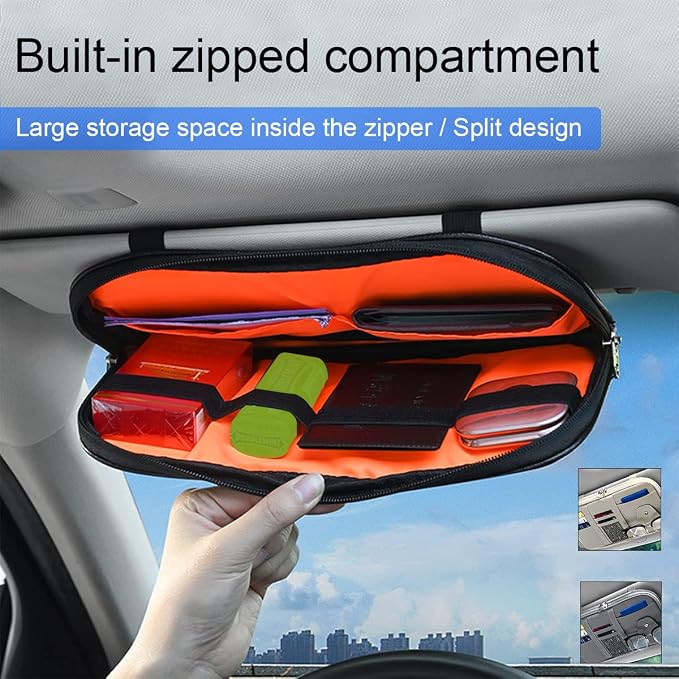 Car Sun Visor Organizer, Sunglass Holder and Storage Pocket, Card Cash Pouch with Multi-Pocket Net Zipper, Case Bag for License Pen Key, Auto Interior Accessories for Truck, SUV, Van (Gray)