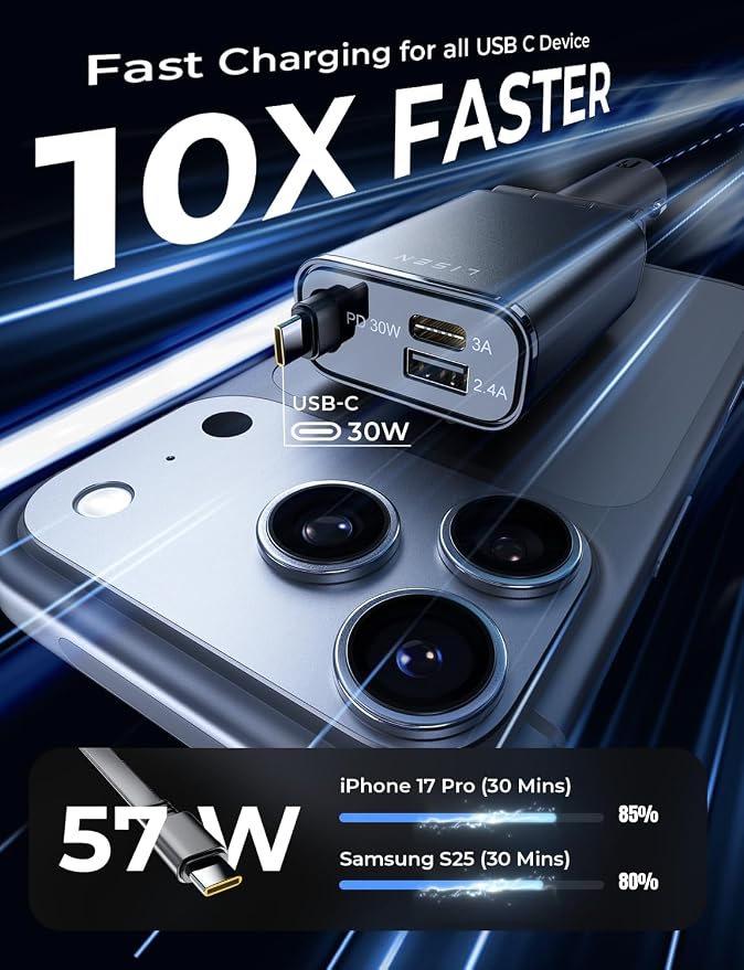 Car Charger USB C Fast Charge, [Single-Port] Retractable Car Charger USB C, RV Power Adapters for Women Men Phone Type C Charging for iPhone 17 Pro Max 16 15 Samsung S26 S25, MacBook Neo
