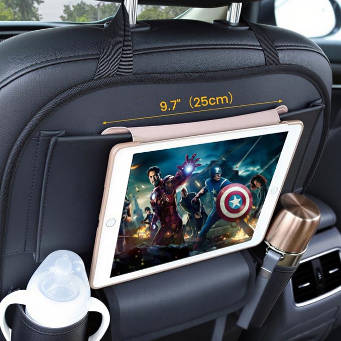 Car Seat Organizers Waterproof Backseat Protector with Storage Pocket Large Leather Kick Mats for Kids Pets Automobile SUV Truck (Black, Large Pocket)
