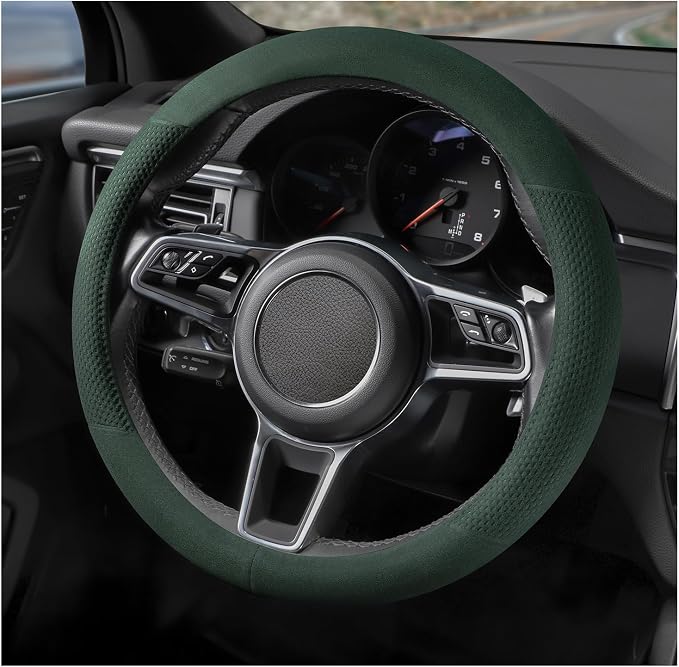 Suede Steering Wheel Cover with Upgraded Silicone Inner Ring, Breathable, Anti-Slip, Leather Universal 14.5 to 15 Inch Steering Wheel Cover (Green with Embossing Pattern)