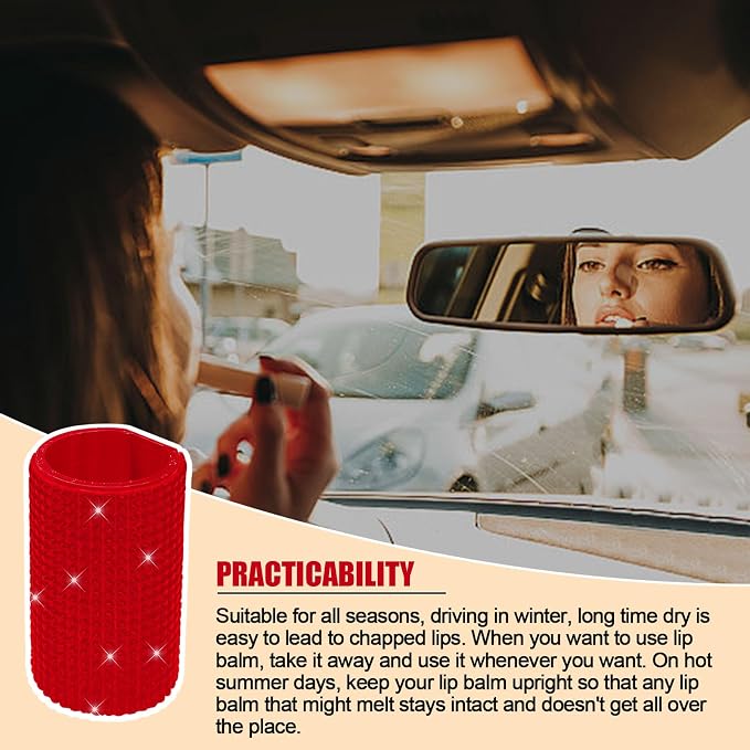 Upright Car Chapstick Holder, Bling Insulating Lip Balm Holder,Rhinestone Car Accessories for Women Interior,Suitable for Most Vehicles. (Red)