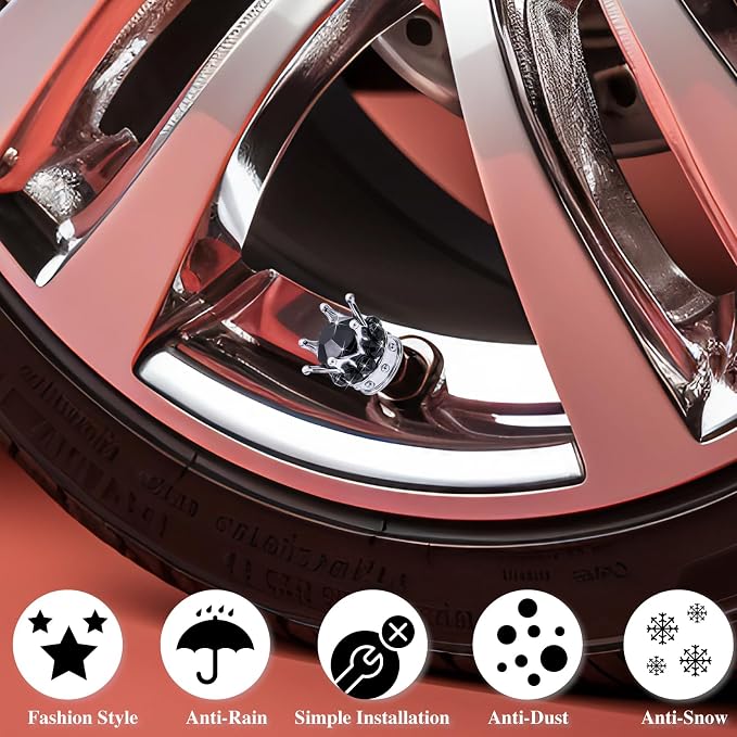 4PCS Crown Bling Tire Stem Valve Caps, Crystal Diamond Car Wheel Tire Valve Caps Universal Copper Core Stem Covers for Cars, SUV, Trucks, Bikes, Motorcycles, Bicycles (Silver & Black)