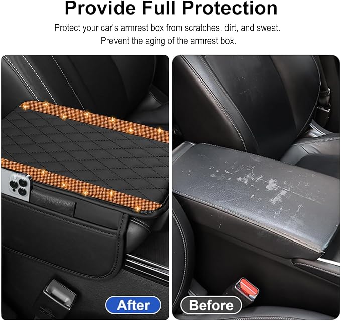 Bling Car Center Console Cover, Leather Car Arm Rest Cover Cushion with 2 Storage Bags, Universal Auto Armrest Protector Storage Box, Bling Accessories Interior for Most Vehicles (Orange)