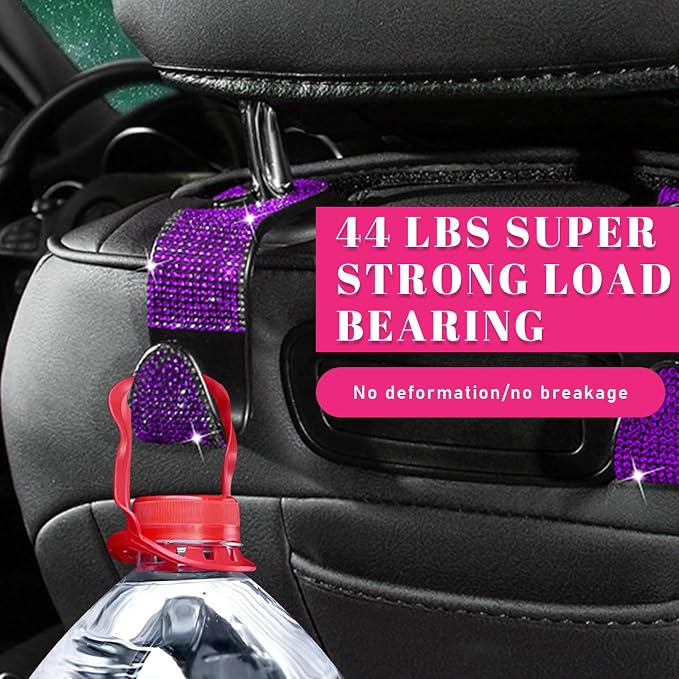 4 PCS Bling Car Seat Headrest Hooks, Crystal Rhinestone Back Seat Hanging Storage Organizer, Auto Purse Bags Hanger, Universal Vehicle Interior Accessories for Women Girls (Purple)