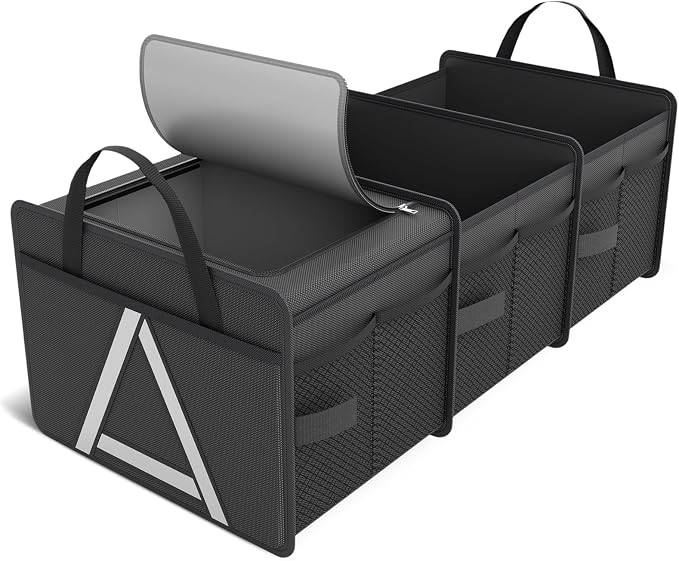 K KNODEL Sturdy Car Trunk Organizer with Premium Insulation Cooler Bag, 3 Compartments Heavy Duty Collapsible for Car, SUV, Truck, or Van (Medium, Black)