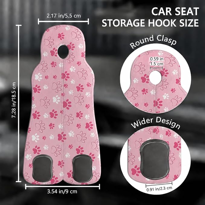 Cute Pink Paw Car Seat Back Storage Headrest Hooks for Purses & Bags – 2PCS PU Leather Dual Metal Hooks, Backseat Organizer Accessories