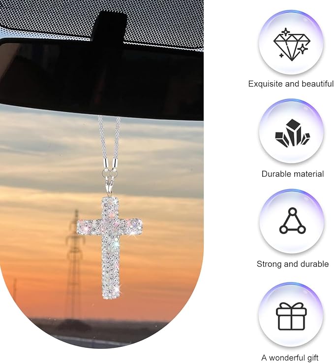 Cross for Car Mirror Hanging, Bling Crystal Rhinestone Cross Rear View Mirror Accessories, Shiny Cars Pendant Charm, Religious Rearview Mirrors Decoration, Auto Interior Accessories (Silver)