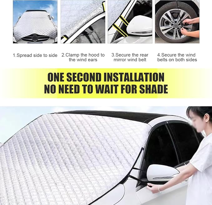 Half Car Cover, Winter Anti-freeze Snow Shield for Windshield Hood, Thicken Foldable Outdoor Protector with Windproof Fastening Strap, All-season Anti-scratch Cloth for Cars (Silver)