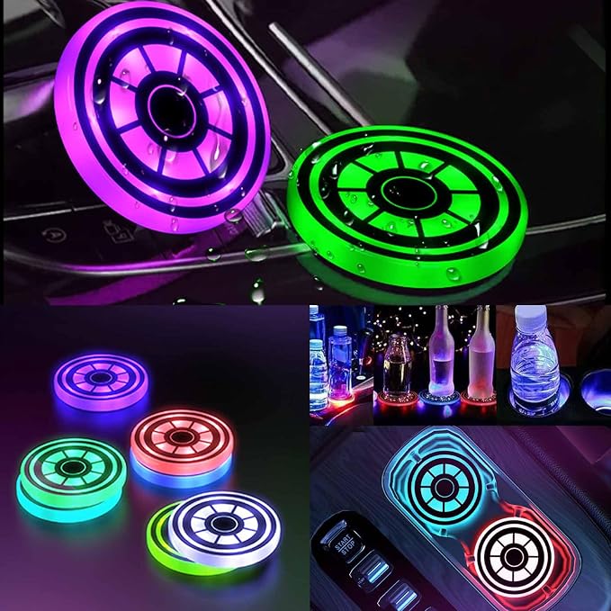 2PCS LED Car Cup Holder Lights, Light up Car Coasters for Cup Holders 7 Color-Changing Light Up Cup Holder Insert Coasters, Waterproof Car Accessories for Teens, Car Gifts for Men & Women