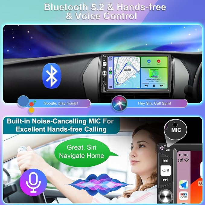 7” Wireless Apple CarPlay Double Din Car Stereo,FM Car Radio,Bluetooth 5.2,IPS Touchscreen 1024 * 600, Backup Camera,EQ Audio,Dual USB+Type-c Charging,Subwoord,Android Auto,Navigation,CarPlay MP5