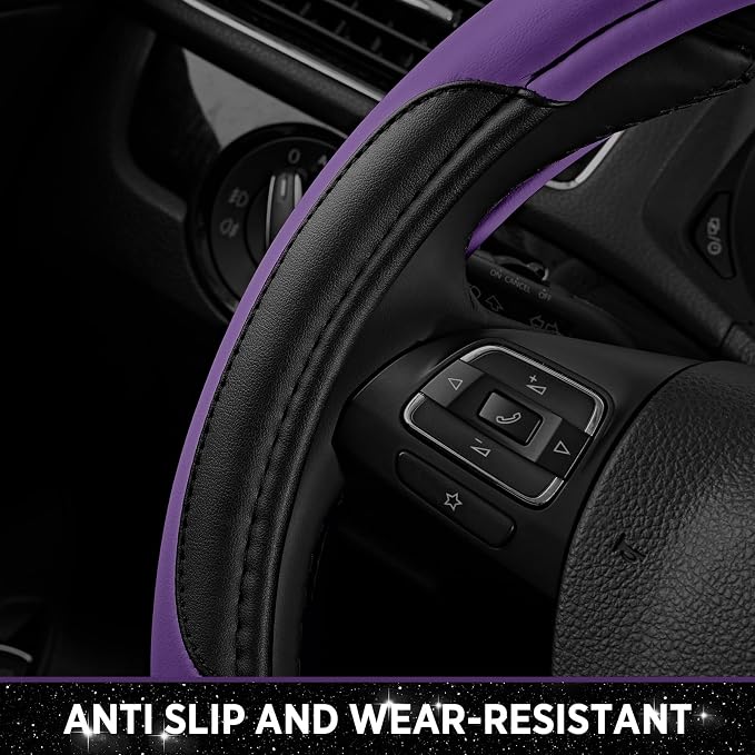 Leather Steering Wheel Cover - Made with PVC Leather - Anti-Slip, Universal Fit 14 1/2 inches to 15 1/2 inches - Purple