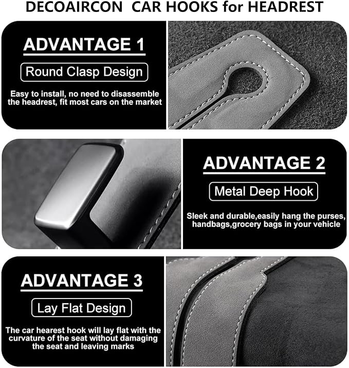 2 Pack Leather Car Headrest Hooks Grey Purse Bag Storage Holders for Car Seats