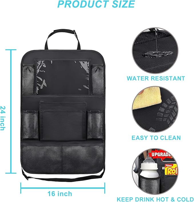 Car Organizer Back Seat with 9 Storage Pockets & 10″ Tablet Holder, 1Pack Seat Back Cover for Kids Toddlers, Kick Mats Protector, Keep Cars Vehicles Organized & Tidy, Travel Accessories