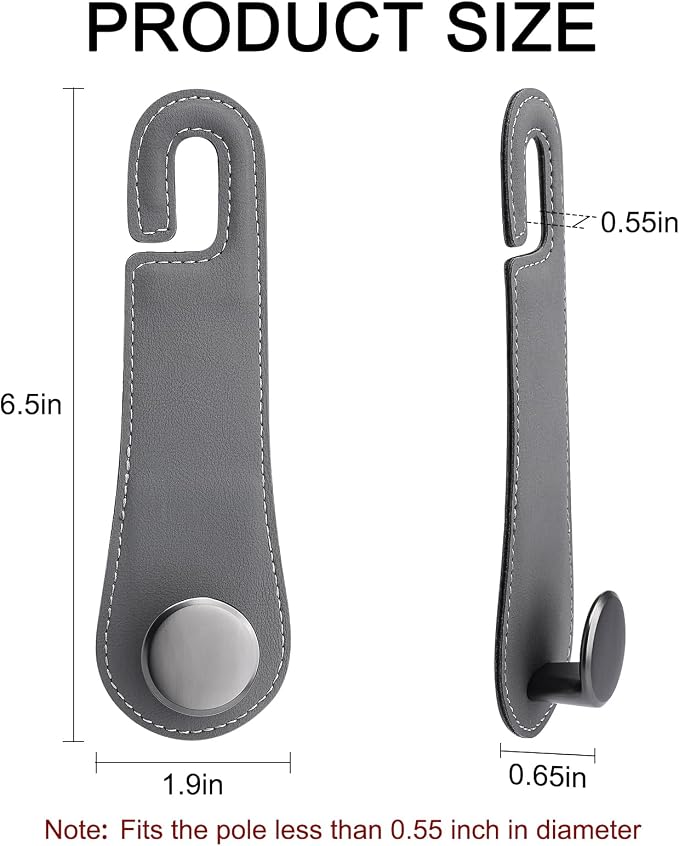 Car Headrest Hooks, 2 Pack Leather Car Seat Storage Hanger for Purses Bags, Stylish Car Seat Organizer Hooks for Handbag Coat Umbrellas, Car Inside Accessories, Gray