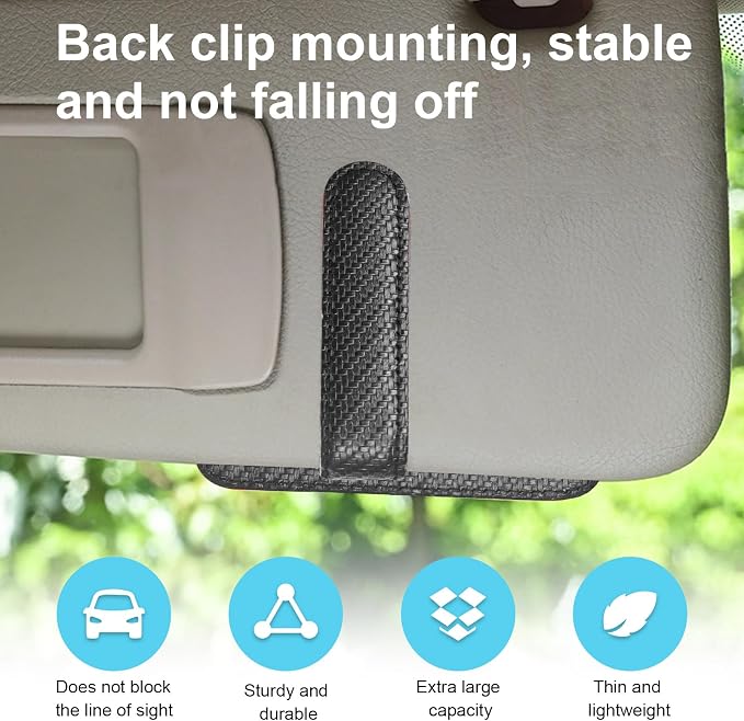 2PCS Small Leather Car Sun Visor Organizer, Multifunctional Auto Visor Document Holder with Sunglasses Clip, Universal Car Interior Organizer for Driving License, Card, Pen (Carbon Fiber Black)