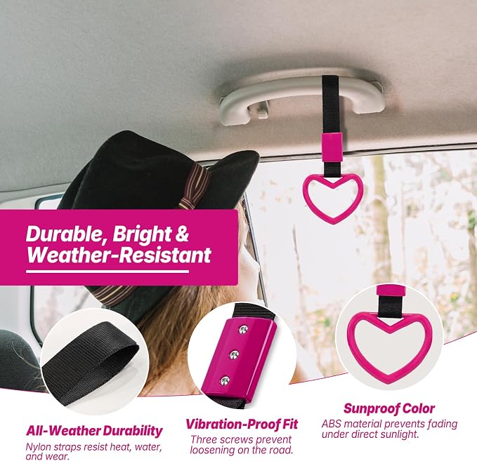 2 Pcs Heart Shaped Car Handle Strap – JD M Drift Charm Rear Bumper Warning Ring Decor for Car Interior Exterior, Subway Bus Handle Accessory, Cute Heart Car Decor Gift for Drivers (Hot Pink)