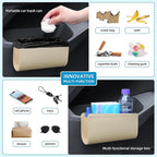 Car Trash Can, Beige Universal Leather Foldable Leakproof Garbage Bins Organizer Holder with One Roll Trash Bag, Car Seat Back Storage Box for Most Vehicles