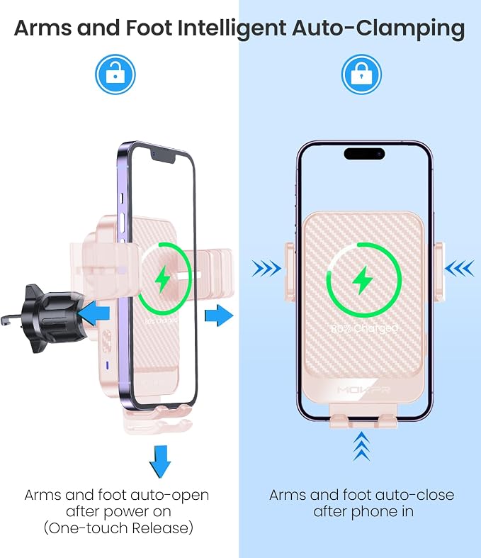 Wireless Car Charger, 15W Fast Charging Auto-Clamping Car Mount Hands-Free Car Charger Mount for Dash Windshield Air Vent Compatible with iPhone 16 15/14/13/12, Samsung S23/S22/S21 Pink