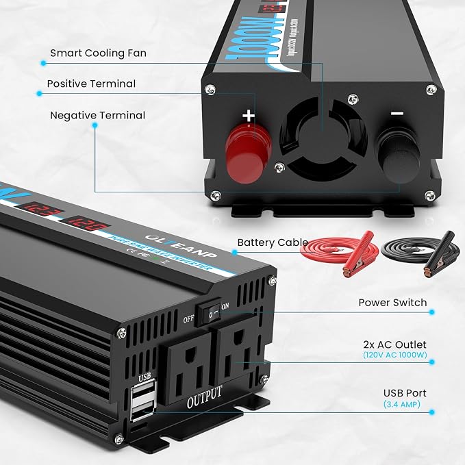 1000W Pure Sine Wave Inverter 12V DC to 120V AC Converter for Car, Truck, Home, Vehicles, Laptop, Car Inverter 12V to 110V with 2 AC Outlets, 2 USB Ports, LCD Display