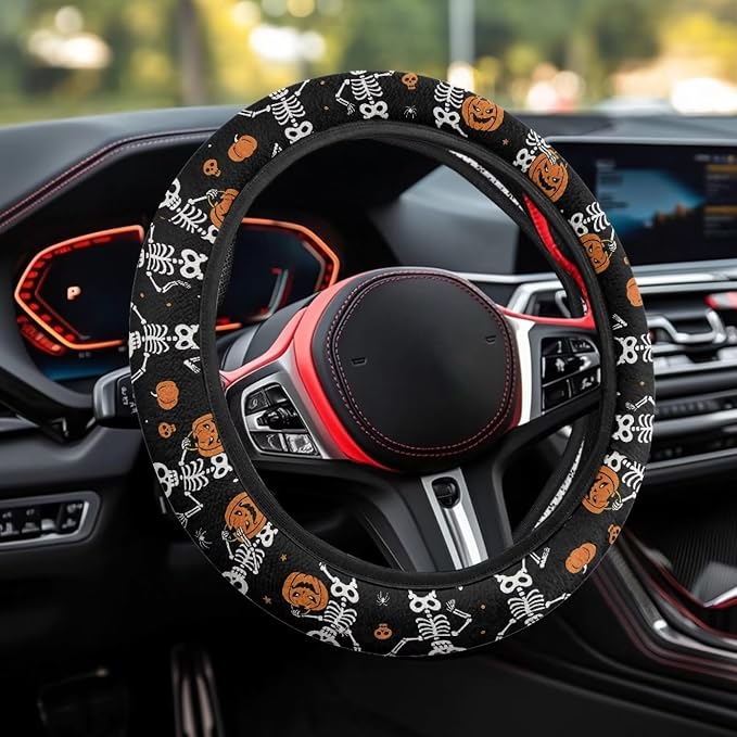 Universal Fit Car Steering Wheel Cover Stretch-on Comfortable Grip | Funny Skull Pumpkin Print, Sweat Absorption Comfort Grip for Driver Women Men, Halloween Decor