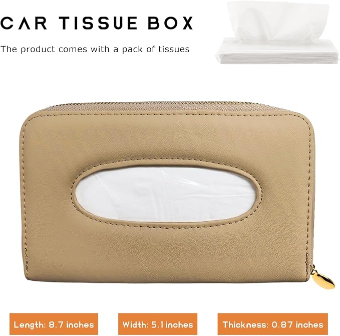 Car Tissue Box, Leather Auto Sun Visor Napkin Case Tissue Case Holder with Zipper, Sunvisor Paper Towel Storage Box Napkin Organizer for Most Vehicles, Car Accessories (Beige)