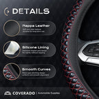 Coverado Nappa Leather Steering Wheel Cover Universal 14-15 Inch Anti-Slip Breathable Steering Wheel Protector Luxury Auto Decor for Men Women Redline