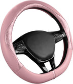 Steering Wheel Cover, Pink Patterned Leather Patchwork Design, Universal Fit 14.5"–15.5" D-Shape Steering Cover, Soft PU Grain Leather, Durable Grip Car Accessory for Girls & Women