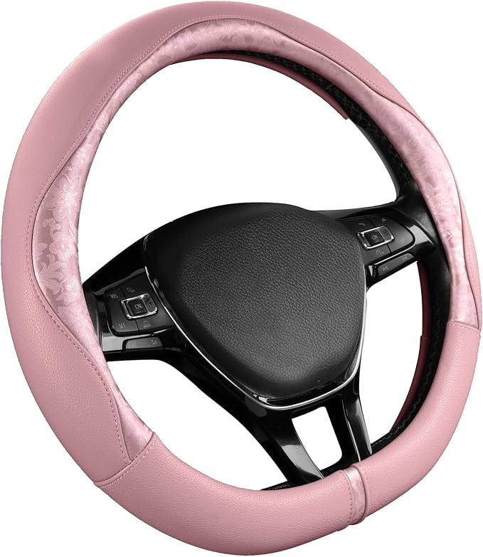 Steering Wheel Cover, Pink Patterned Leather Patchwork Design, Universal Fit 14.5"–15.5" D-Shape Steering Cover, Soft PU Grain Leather, Durable Grip Car Accessory for Girls & Women