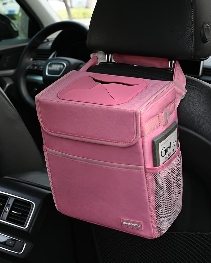 Car Trash Can Cute - Multifunctional Interior Car Accessory for Women, Car Organizer and Storage with Adjustable Straps, Car Stuff Storage 2 Gallons (Leopard-Print Pink)