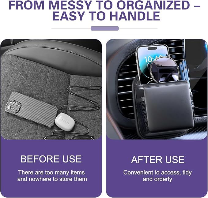 Car Air Vent Storage Organizer Bag, Leather Auto Dashboard Storage Bag, Multifunctional Car Air Conditioner Vent Caddy, Universal for Most Cars, SUVs & Trucks (Black)