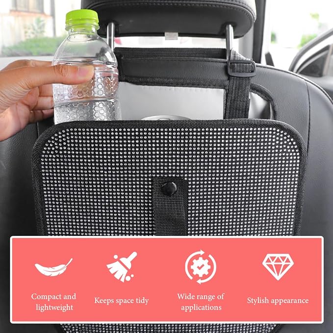 Car Foldable Trash Can, Bling Rhinestone Oxford Garbage Container Hanging Waterproof Organizer, Mini Crystal Dustbin Waste Basket Leakproof Trash Bin for Car Office Kitchen (Lake Blue)