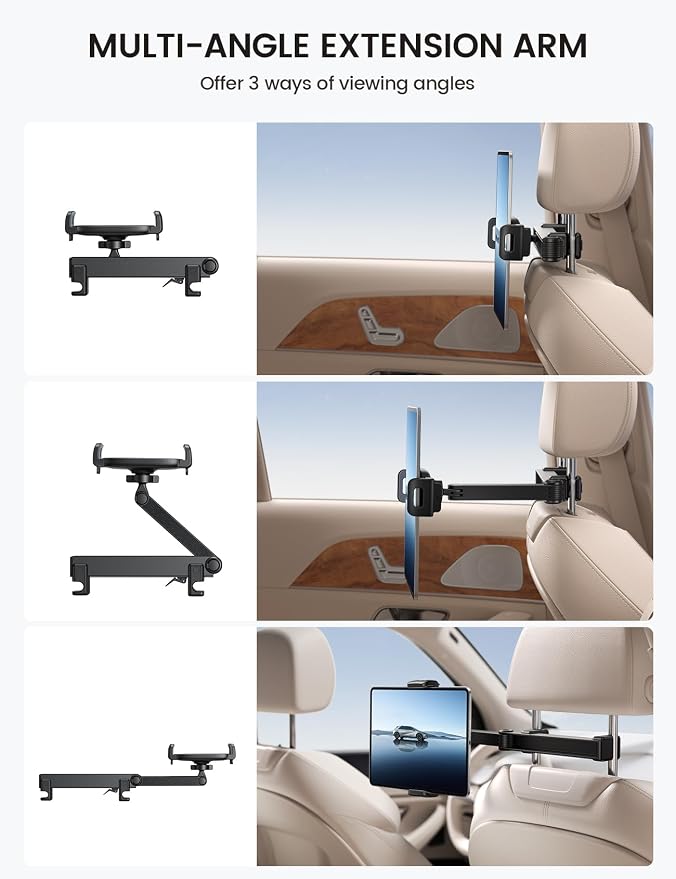 Car Headrest Tablet Holder - [Lockable] [3 in 1 Extension Arm] Upgrade Tablet Mount for Car Backseat, Gifts Road Trip Essentials for Kids, for iPad Pro Air Mini, Fire HD, 4.7-13" Tablets