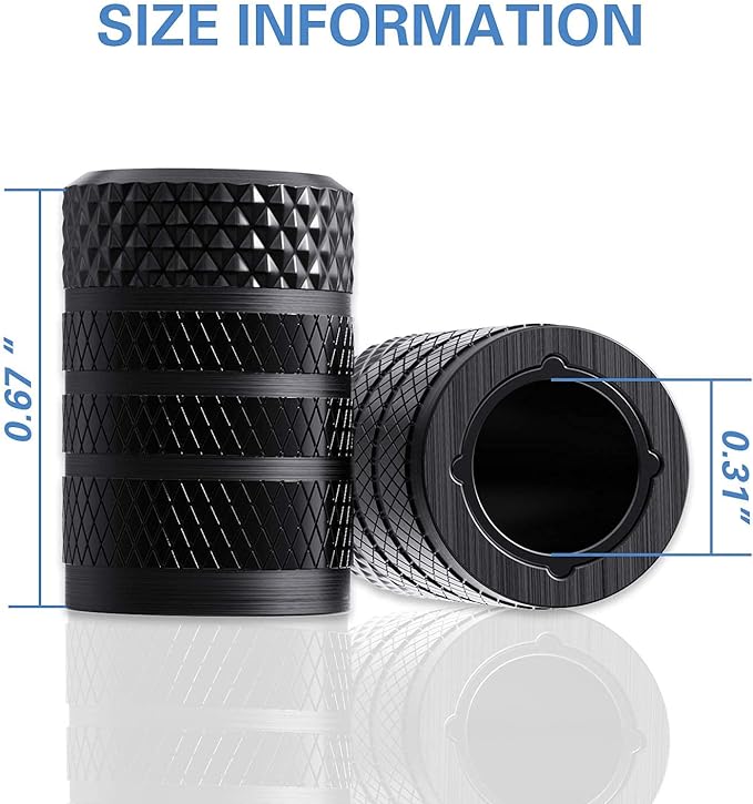 Tire Valve Stem Caps, Black, 4 pcs/Pack, Anodized Aluminum Tire Valve Cap Set, Corrosion Resistant, Universal Stem Covers for Cars Trucks Motorcycles SUVs and Bikes