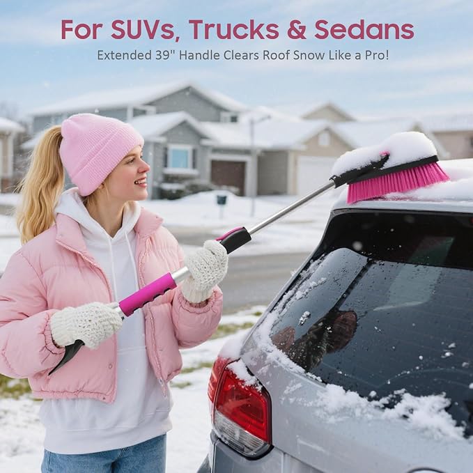 39in Car Snow Brush Ice Scraper 360° Rotating, Magenta Pink