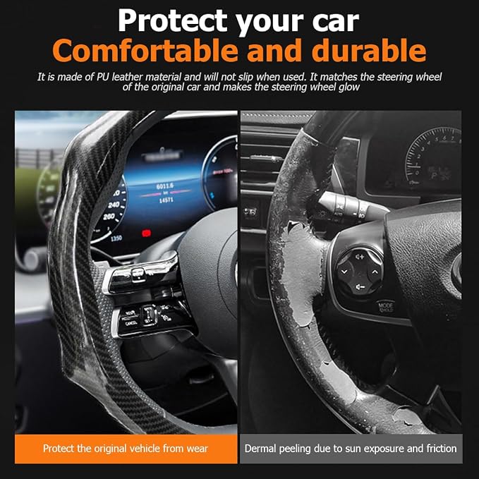 Car Steering Wheel Cover with Comfort Grip, 14.5-15" Carbon Fiber Laser Non-Slip Steering Wheel Protector, Cool Stylish Auto Interior Decor Accessories, Universal for Van SUV Sedan (Black)