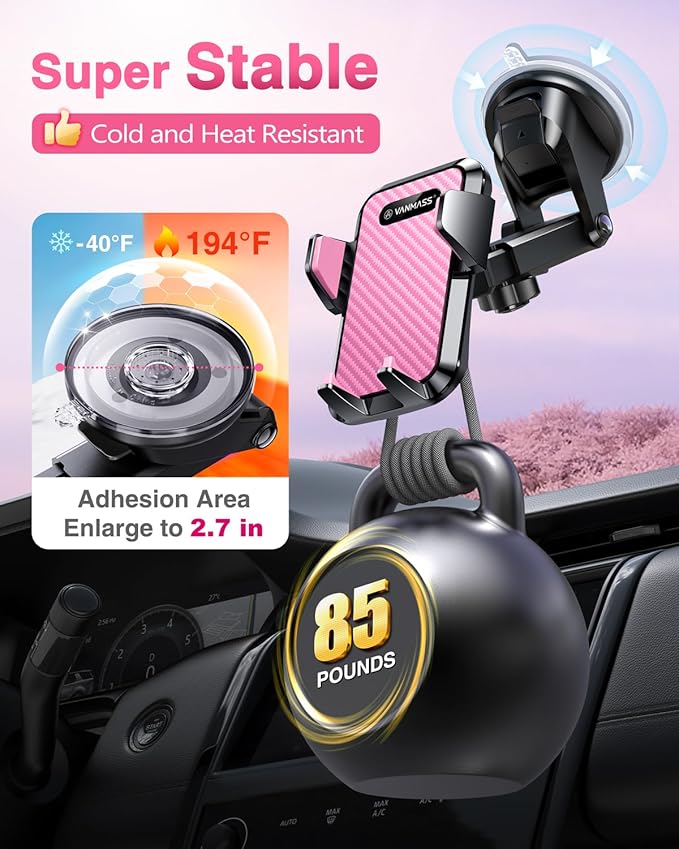 【85+LBS Strongest Suction & Military-Grade Ultimate Car Phone Mount【Patent & Safety Certs】 Cell Phone Holder for Dash Windshield Vent for iPhone 17 Pro Max Automobile Accessory Kits,Light Pink