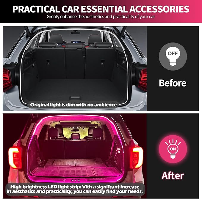 Car LED Strip Lights - Trunk Cargo Ambient Lighting, Pink 10000K, 118.11 inches Flexible Cuttable LED Light Strip, Easy Install, Waterproof, Universal Fit for Car Trunks, SUVs, and Vans