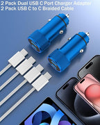 iPhone Car Charger Fast Charging,iPhone 16 Car Charger 2PACK Dual USB C PD3.0 Port CarCharging Adapter and USB C to C Braided Nylon Charging Cable Compatible with iPhone 16/16 Pro Max/15/iPad（Blue）