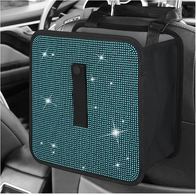 Car Foldable Trash Can, Bling Rhinestone Oxford Garbage Container Hanging Waterproof Organizer, Mini Crystal Dustbin Waste Basket Leakproof Trash Bin for Car Office Kitchen (Lake Blue)