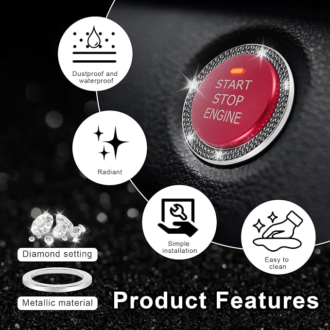 2 PCS Crystal Double Rhinestone Car Engine Start Stop Decoration Ring, Bling Car Interior Accessories for Women, Push to Start Button Cover Sticker, Automotive Decals, Glossy Black