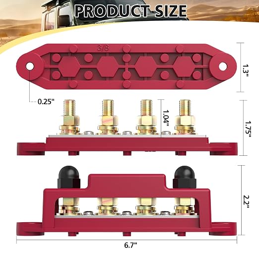 Power Distribution Block Bus Bar, 4 x 3/8" Post Marine Bus Bar Battery Busbar Terminal Block with Cover, Lugs, Ring Terminals (Pair, Red & Black)