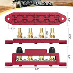 Power Distribution Block Bus Bar, 4 x 3/8" Post Marine Bus Bar Battery Busbar Terminal Block with Cover, Lugs, Ring Terminals (Pair, Red & Black)