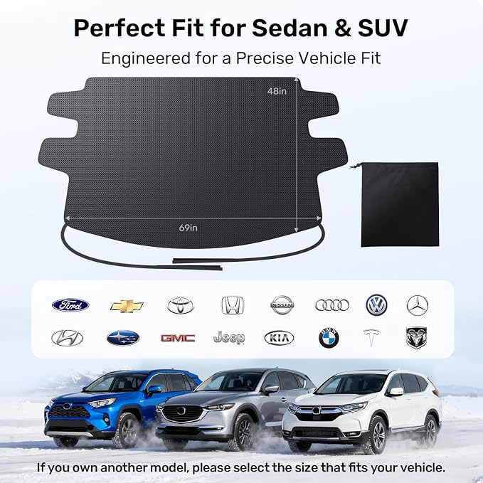 Upgrade Windshield Cover for Ice & Snow [Fast Install & Removal] 600D Oxford Fabric Against Magnetic Fit Snow, Ice, Frost, Winter Accessories - Fit for Sedan,Small to Mid-Size SUVs - (69' x48'')