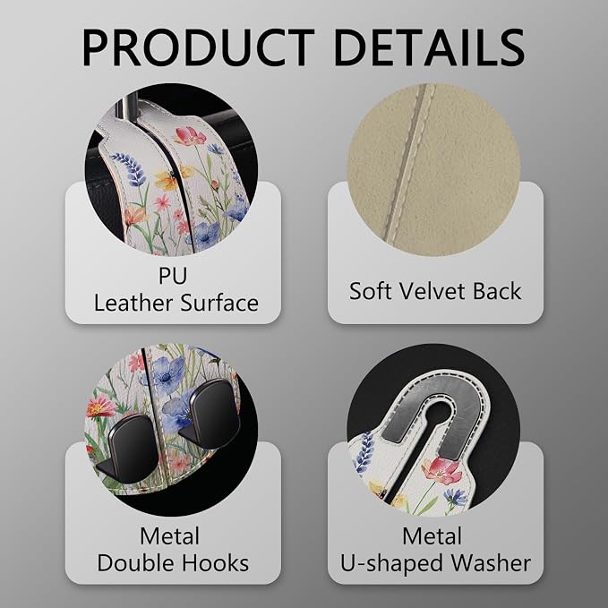 2PCS Car Seat Back Storage Headrest Hooks, Floral Flowers Purse Holder Bags Hanger, PU Leather Double Metal Hook for Backseat Organizer, Women Car Accessories Organization